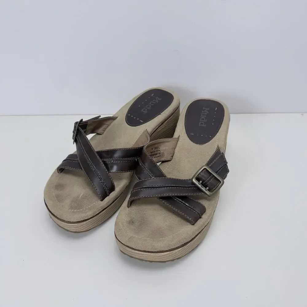 Vintage 00s Y2K Mudd Brown Faux Leather Wedge Strappy Sandals 10M